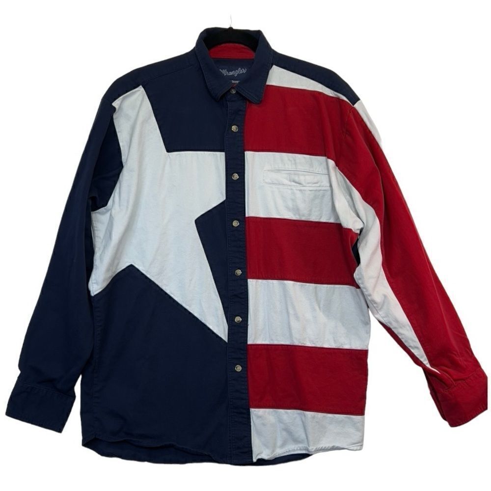 90's‎ Wrangler Western Shirt Texas Flag Button Down Long Sleeve Red White Blue L